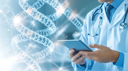 Doctor utilizing a tablet while a dna strand serves as a backdrop, symbolizing advancements in medical research and innovation within the healthcare sector