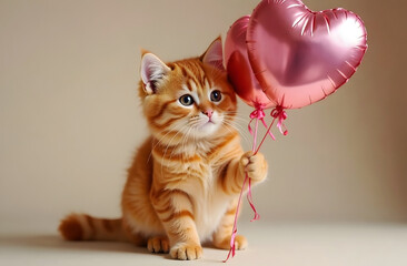 Funny ginger kitten holds heart-shaped balloons in his paw.
