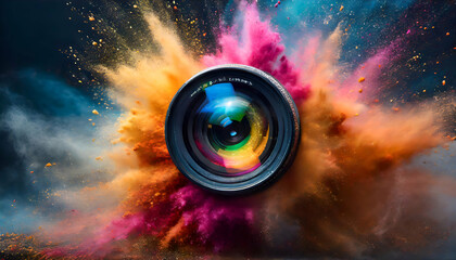 Camera lens with vibrant, colorful powder explosion technology