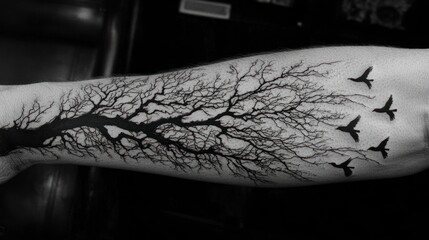 Black ink forearm tattoo of a bare tree with birds in flight.