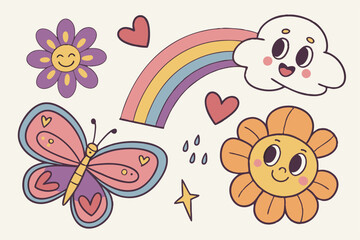 3D colorful cartoon stickers, cute flower designs, heart shapes, rainbow, cloud, butterfly, smiley faces, emoji expressions, vibrant colors, pink, purple, blue, orange, yellow, glossy finish, kawaii s