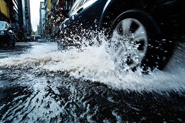 A high-speed shutter image of the moment a car drives through a puddle, sending waves of water splashing across a flooded street