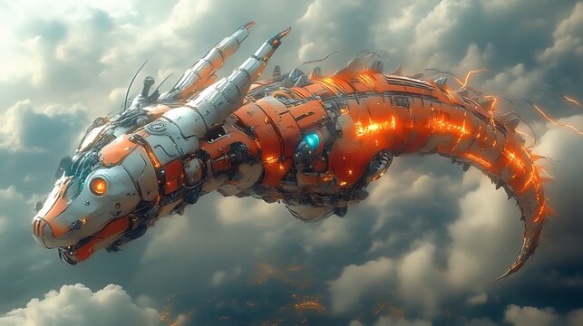 Robotic dragon soaring through clouds. - Powered by Adobe