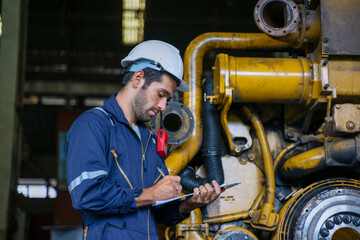 Technicians work at train engine repair shop.