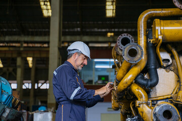 Technicians work at train engine repair shop.