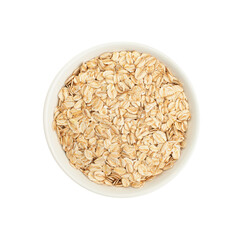 Raw oat flakes in a white plate on a white background