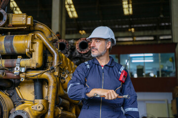 Technicians work at train engine repair shop.