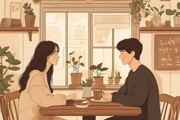 A simple vector illustration of a couple in love sitting in a cozy cafe, featuring clean lines and a minimalistic style, ideal for lifestyle or technology themes.