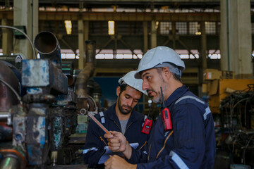 Technicians work at train engine repair shop.