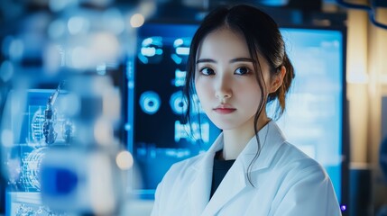 Modern Japanese Female Scientist in Laboratory Gown