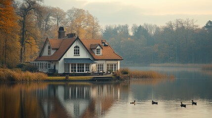 Fototapeta premium A charming lakeside house with ducks swimming nearby.