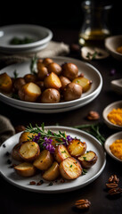 A plate of golden roasted potatoes being drizzled with dressing, perfect for culinary presentations.

