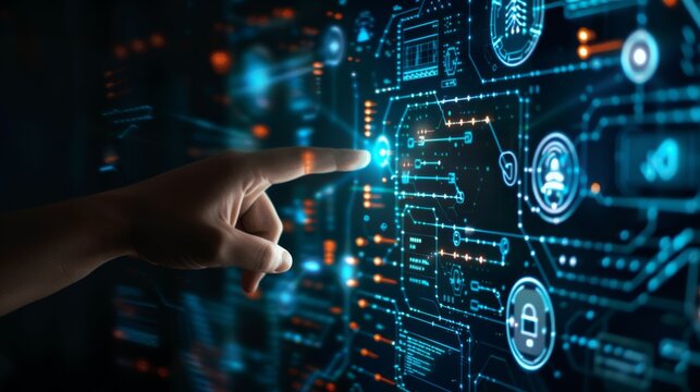 A hand pointing at an interactive screen displaying various digital data and cyber security symbols, representing the concept of advanced AI technology in business office environment. 