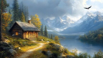 Obraz premium Secluded Log Cabin Beside Mountain Lake With Eagle