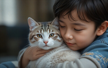 Sweet little boy hugging his lovely kitten with closed eyes