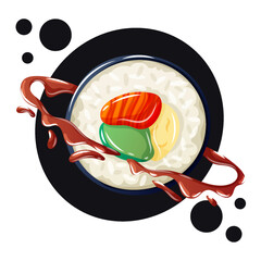 Playful vector art of a sushi planet surrounded by orbiting soy sause. 