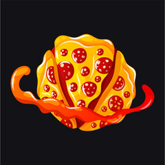 Bright vector design of a round planet made of cheese pizza with vibrant pepperoni and swirling red sauce.