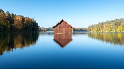 Obraz premium A Peaceful Lake Reflecting a Rustic Boathouse Serving as an Idyllic Office Background