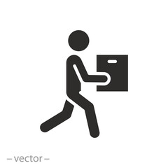 moving man with box, courier delivery concept, icon, person holding in hand package, flat web symbol on white background