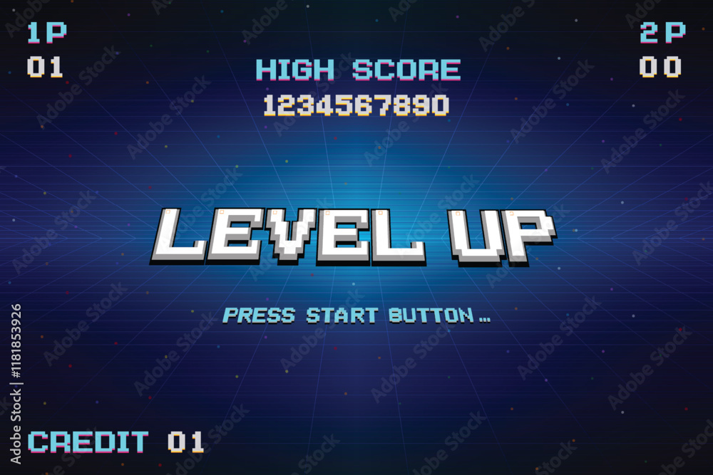 Fototapete level up. press start button. pixel art. 8 bit game. retro game. for game assets in vector illustrat