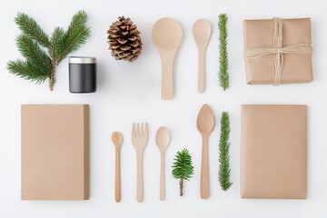 Minimalist Christmas Flat Lay: A festive still life showcasing rustic wooden cutlery, pine branches, and kraft paper gift boxes, arranged in a minimalist style for a contemporary holiday aesthetic.  
