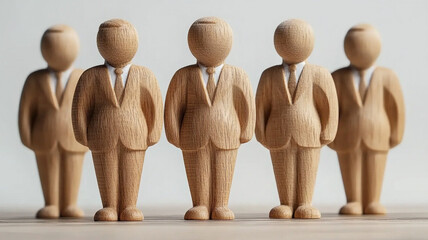 Obraz premium Wooden figures of employees. The concept of career growth. Team building. Achieving a goal, overcoming setbacks. Team spirit.