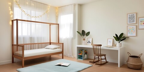 Fototapeta premium Modern Minimalist Kids Bedroom with Wooden Furniture and Playful Decor