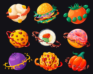 Playful vector art of a food planets surrounded by orbiting sauses,species and sausages.
