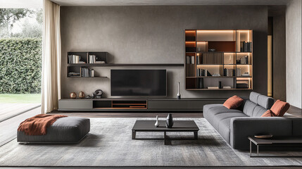 Gray sofa and tv unit in loft interior design of modern living room