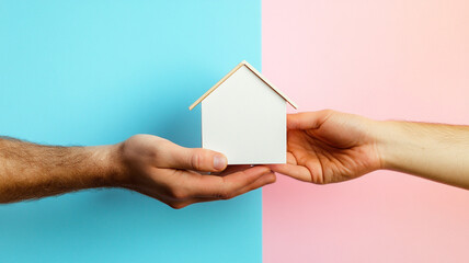Obraz premium Small house model exchange between hands in front of pastel blue and pink color background