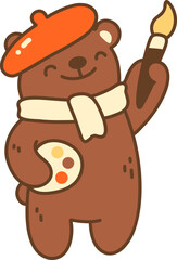 Cute bear artist with beret and paintbrush