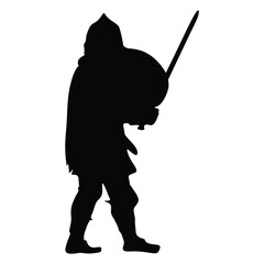 Knight in armor, with sword, helmet and shield vector illustration isolated on white background. Medieval fighter in battle. Hero keeps castle walls.