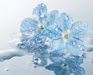Delicate blue flowers adorned with droplets, reflecting beauty and freshness on water.