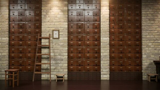 Old office with a lot of wooden drawers, 3D animation