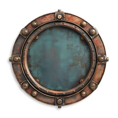 Vintage round copper porthole with teal glass.
