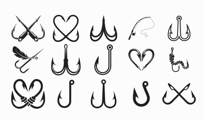 Fishing Hook Silhouette Design Bundle, Hook icon set.