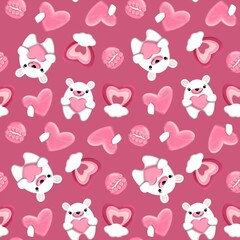 Fototapeta premium Seamless pattern with a bear, heart, rainbow, cake on a dusky pink background