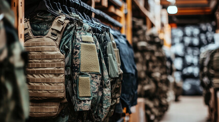 Military uniforms and bulletproof vests hanging in warehouse aisle