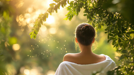Capturing spa tranquility, woman in towel enjoys nature beauty, surrounded by greenery and soft sunlight, creating serene atmosphere