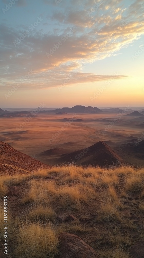 Poster golden hour casts a warm glow over the expansive desert landscape, highlighting the contours of dist
