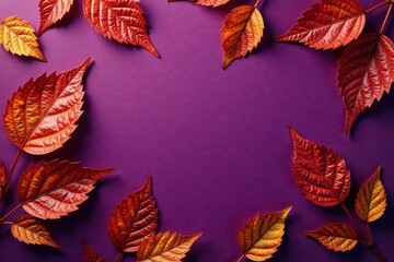 Collection of dried orange metallic leaves against a deep violet backdrop, abstract art, violet background, floral motifs