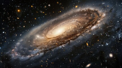 A bright galaxy with shimmering stars and cosmic swirls in the infinite cosmos.