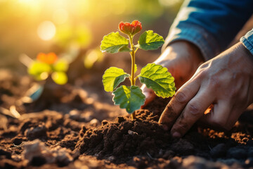 Fototapeta premium Hand planting a small flowering plant with orange blossoms in rich soil, illuminated by sunlight.