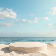 Obraz premium empty podium for product display on sand with a beautiful sea summer background