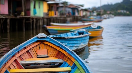 Obraz premium Colorful Wooden Boats Docked in a Picturesque Fishing Village Waterfront