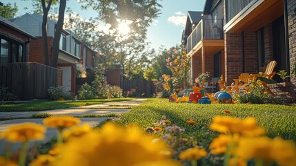 A family home with kidsâ€™ toys scattered across the yard.