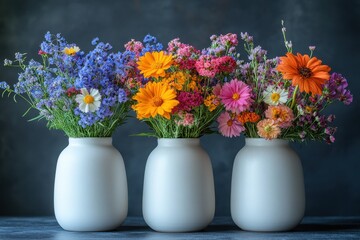 Bright and colorful flower arrangements in white vases on a dark blue background during daylight