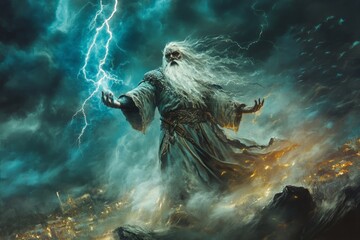 A wizard is conjuring lightning and casting it across the sky , dark fantasy , dungeons and dragons , storm clouds 