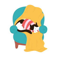 Tuxedo cat in a striped sweater sleeps on a chair in flat style. Perfect for postcard, winter and autumn cozy design.