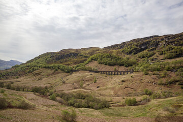Fototapeta premium Scenic view of the Glenfinnan Viaduct amidst rolling hills in the Scottish Highlands